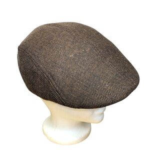 London Fog Brown Herringbone Flat Cap Wool Blend Duckbill Hat Hipster Grandpa M